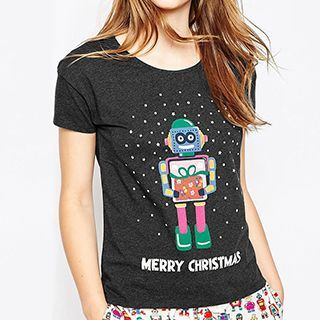 Richcoco Christmas Robot Printed Short-Sleeve T-shirt
