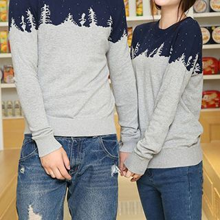 Azure Couple Matching Tree Colour Block Knit Top
