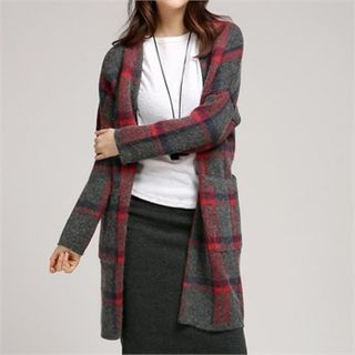 MAGJAY Wool Blend Open-Front Checked Cardigan