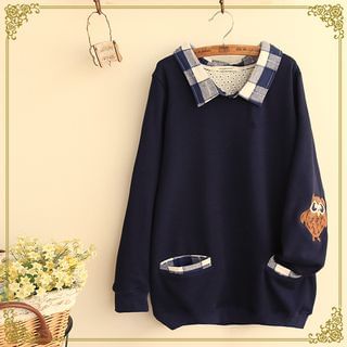 Fairyland Gingham Collar Owl Appliqu  Pullover