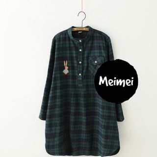 Meimei Rabbit Embroidered Plaid Shirtdress