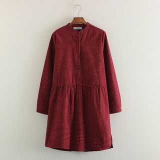 Mushi Mock Neck Plaid Long-Sleeve Dress