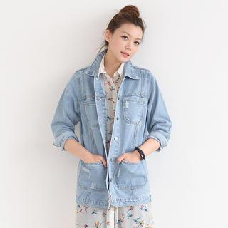 SO Central Distressed Denim Jacket Denim Blue - One Size