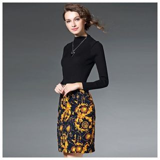 Elabo Long-Sleeve Knit Panel Patterned Dress