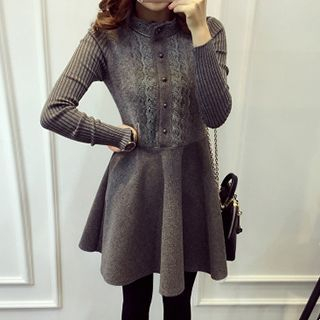 Little V Stand-collar Lace Panel Knit Dress