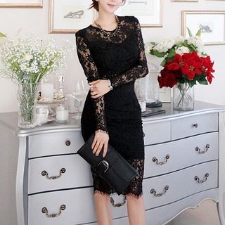 Sherbo Set: Long-Sleeve Cropped Lace Top + Lace Pencil-Cut Skirt