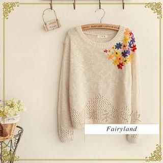 Fairyland Pointelle Knit Flower Embroidered Sweater