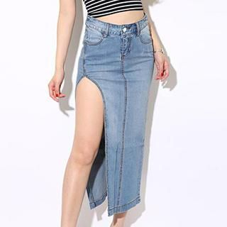 Athena Slit-Side Denim Long Skirt