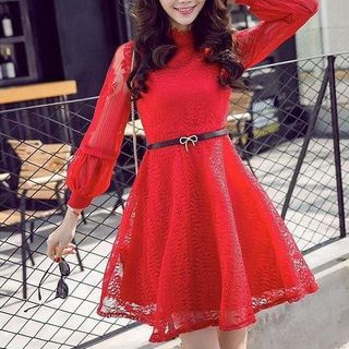 Fashion Street Long-Sleeve Lace Panel Tie Waist Dress