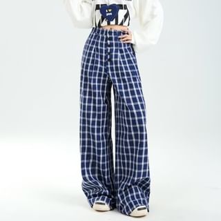 High Rise Plaid Button Fly Wide Leg Pants