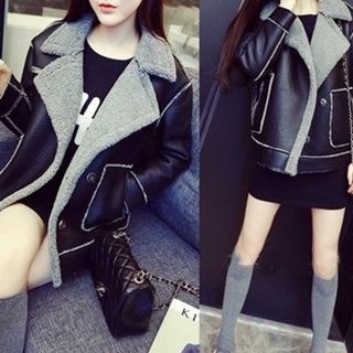 Fashion Street Fleece Collar Faux Leather Jacket