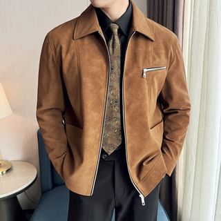 Collared Zip-Up Plain Faux Suede Jacket