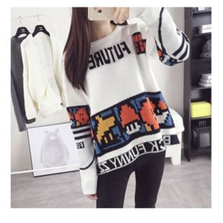 P.E.I. Girl Letter Pattern Contrast Color Sweater