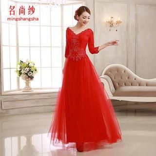 MSSBridal 3/4 Sleeve V-Neck Lace A-Line Evening Gown