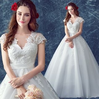 Angel Bridal V-Neck Paneled Ball Gown Wedding Dress