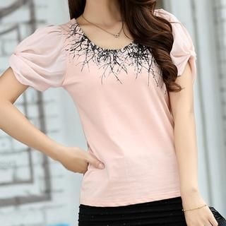 Cobogarden Short Sleeved Embroidered Chiffon Top