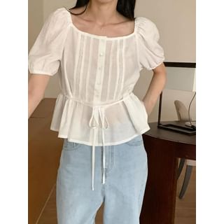 Puff-Sleeve Plain Drawstring Blouse