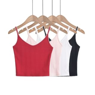 V-Neck Ruffled-Trim Ribbed-Knit Slim-Fit Crop Camisole Top