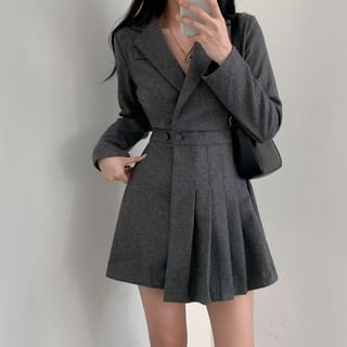 Long Sleeve Notch Lapel Plain Pleated Asymmetrical Mini A-Line Blazer Skort Dress