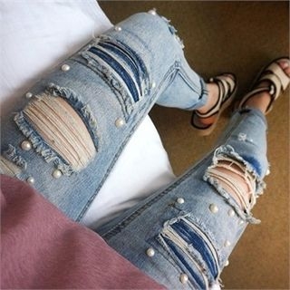 QNIGIRLS Faux-Pearl Distressed Jeans