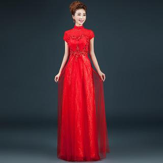 Royal Style Short-Sleeve Mock-Neck Lace A-Line Evening Gown