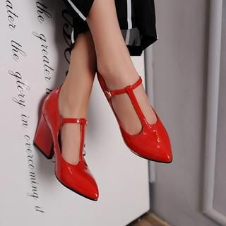 JY Shoes Patent T-Strap Pointy Block Heels