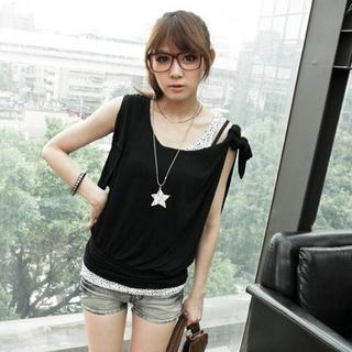 Asymmetric Sleeve Plain Top Black - One Size