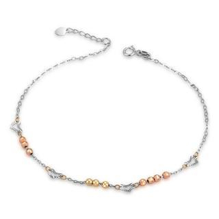 MaBelle 14K Italian Tri-Color Yellow, Rose and White Gold Diamond-Cut Heart and Beads Anklet, Women Girl Jewelry in Gift Box