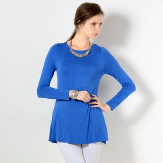YesStyle Z Round-Neck Slit-Back Long T-Shirt Blue - One Size