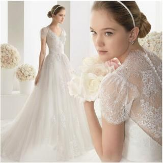 Angel Bridal Short-Sleeve Lace Panel A-Line Wedding Ball Gown