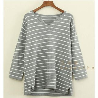 Mushi Long-Sleeve Notch-Neck Striped Knit Top