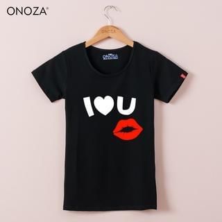 Onoza Short-Sleeve Lip-Print Lettering T-Shirt