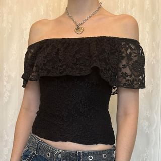 Short-Sleeve Off Shoulder Plain Ruffle Lace Top