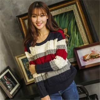 11.STREET Color-Block Cable Knit Sweater