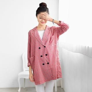 59 Seconds Double-Breasted Gingham Long Blazer Red - One Size