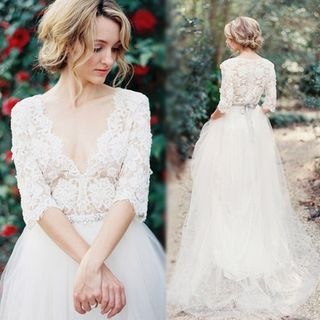 Angel Bridal Elbow-Sleeve Rhinestone Ball Gown Wedding Dress