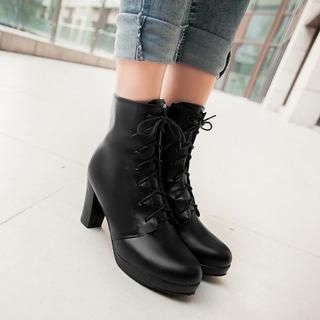 Pangmama Lace-Up Chunky-Heel Short Boots