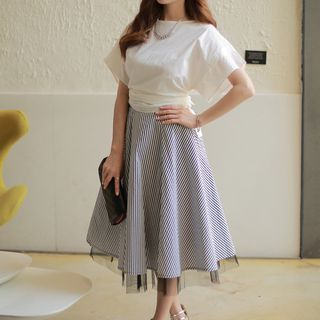 Sherbo Set: Short-Sleeve Bow-Accent Top + Striped A-Line Skirt