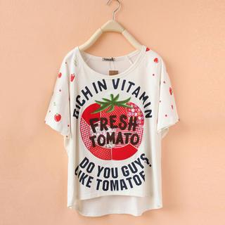Cute Colors Tomato Appliqué Round-Neck T-Shirt
