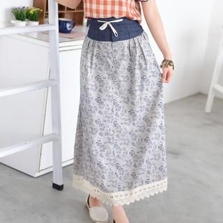 59 Seconds Drawstring Floral Print Maxi Skirt Gray - One Size