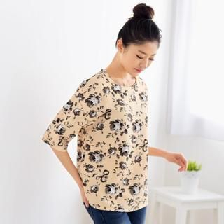 59 Seconds Elbow-Sleeve Floral Top Beige - One Size