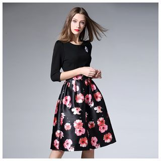 Elabo 3/4-Sleeve Flower Print Pleated Dress