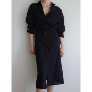 Long-Sleeve Plain Midi Shirtdress