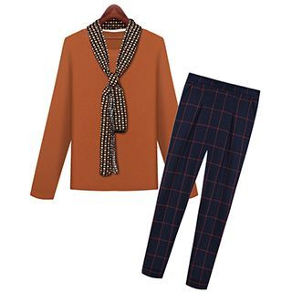 Cherry Dress Set : Dotted Scarf + Long-Sleeve Top + Plaid Pants
