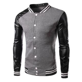 Bay Go Mall Faux Leather Panel Baseball Jacket