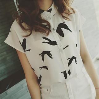 DreamyShow Sleeveless Bird Print Chiffon Blouse