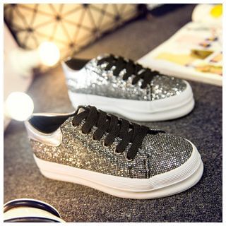 EUNICE Sequined Platform Lace-Up Canvas Sneakers