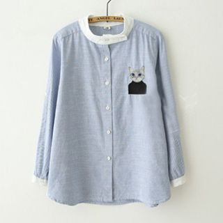 Meimei Embroidered Cat Long-Sleeve Blouse