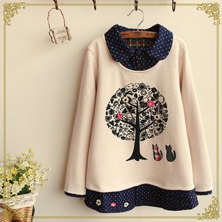 Fairyland Tree Printed Collared Mock Two-Piece Pullover