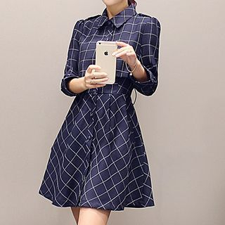 Lavogo 3/4-Sleeve Check Collared Mock Two-piece Dress